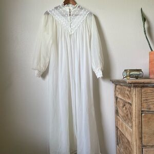 Vintage White Sheer Long Robe with Lace Yoke